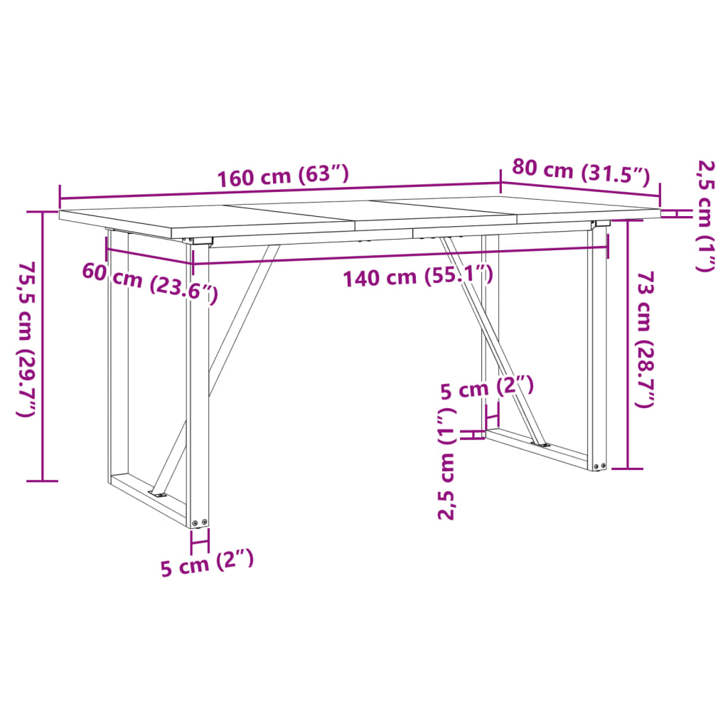 vidaXL Dining Table O-Frame 160x80x75,5 cm Solid Wood Pine and Steel