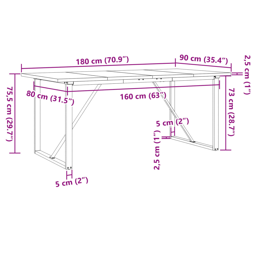 vidaXL Dining Table O-Frame 180x90x75,5 cm Solid Wood Pine and Steel
