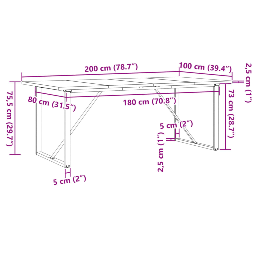 vidaXL Dining Table O-Frame 200x100x75,5 cm Solid Wood Pine and Steel