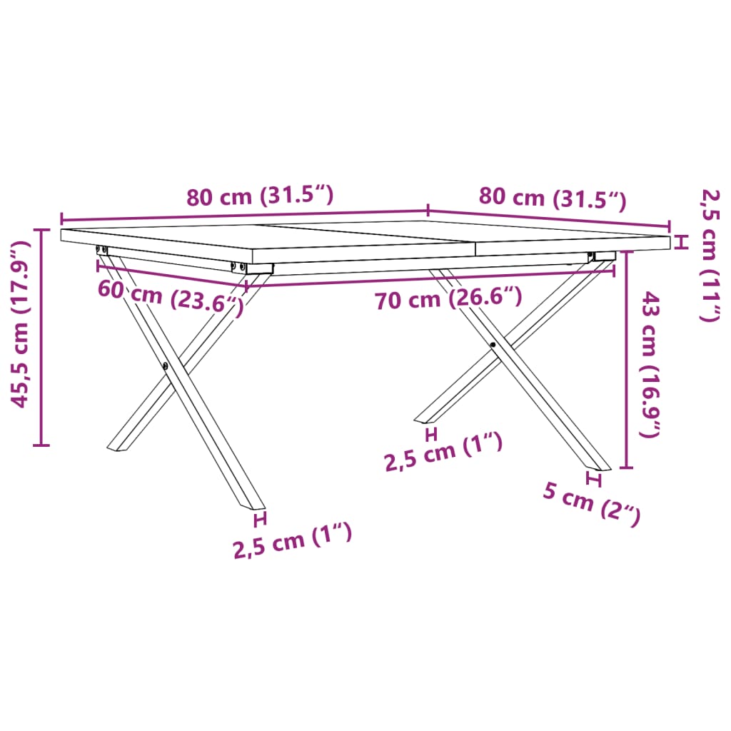 vidaXL Coffee Table X-Frame 80x80x45.5 cm Solid Wood Pine and Steel