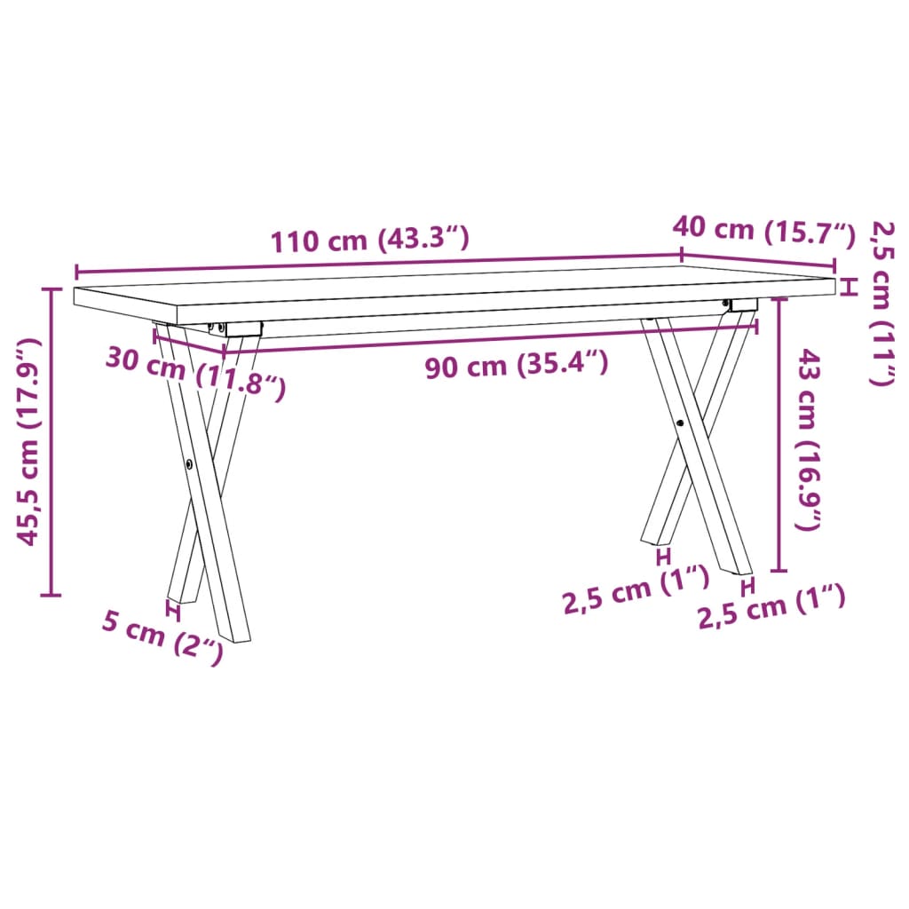 vidaXL Coffee Table X-Frame 110x40x45,5 cm Solid Wood Pine and Steel