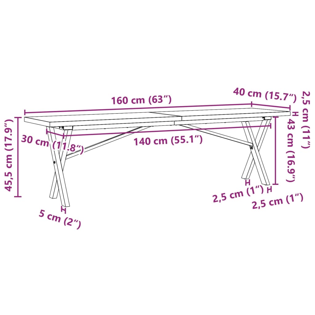 vidaXL Coffee Table X-Frame 160x40x45,5 cm Solid Wood Pine and Steel
