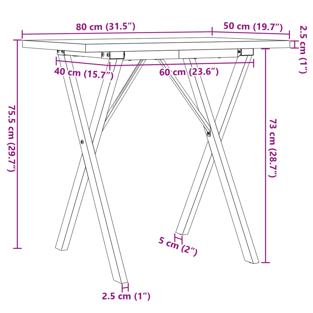 vidaXL Dining Table X-Frame 80x50x75,5 cm Solid Wood Pine and Steel