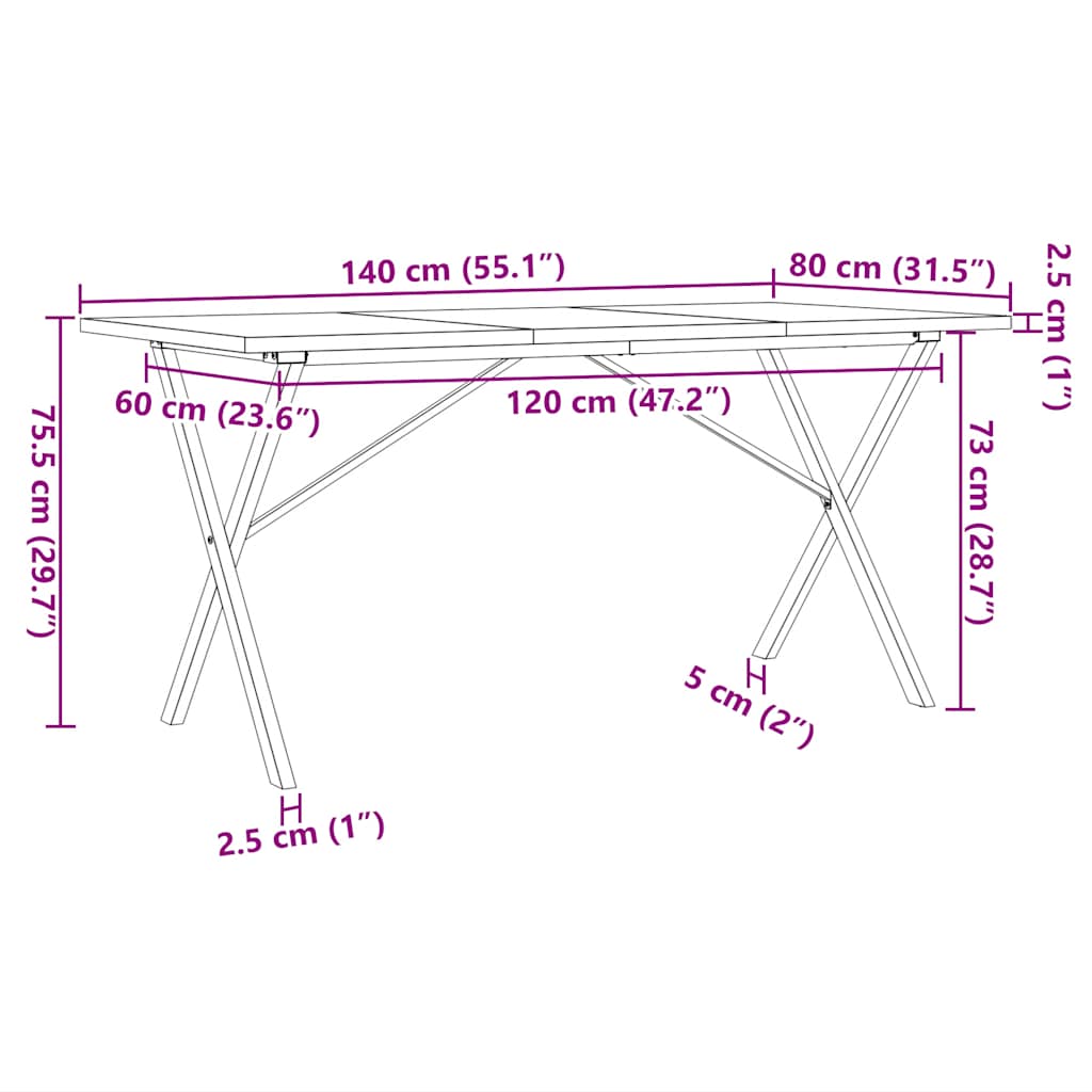 vidaXL Dining Table X-Frame 140x80x75.5 cm Solid Wood Pine and Steel