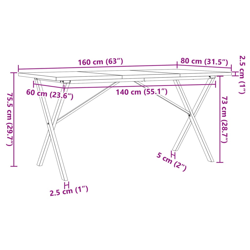 vidaXL Dining Table X-Frame 160x80x75,5 cm Solid Wood Pine and Steel