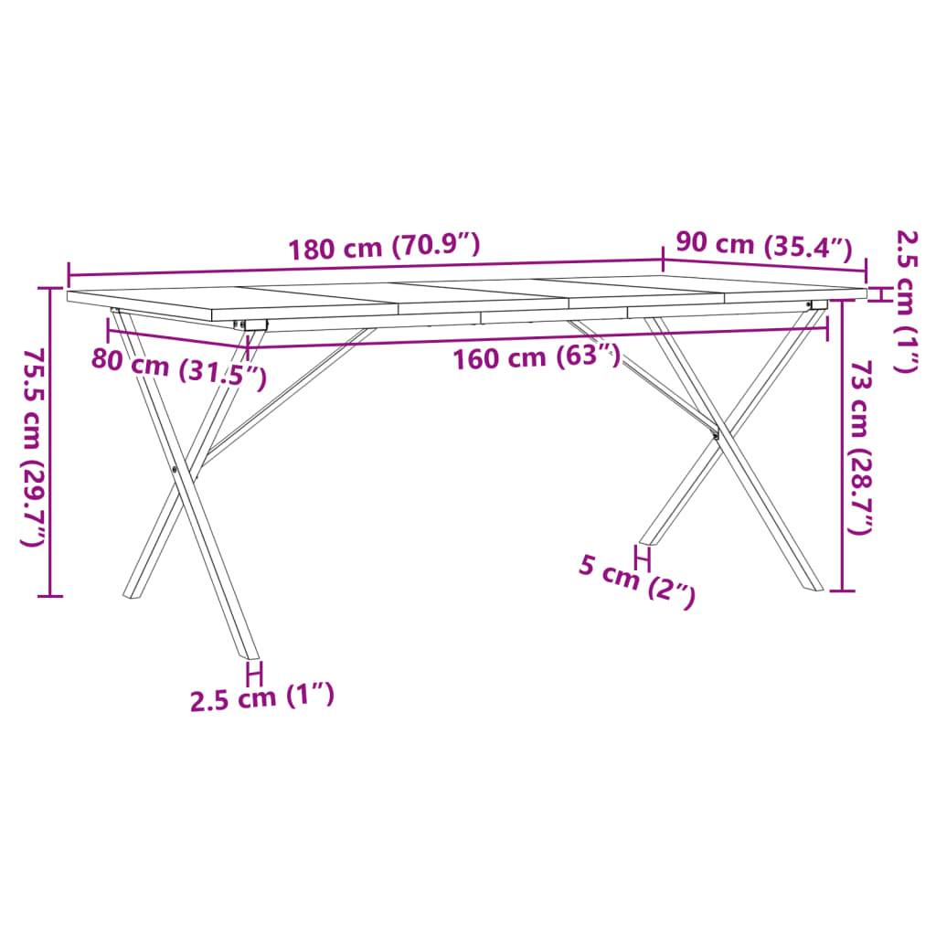 vidaXL Dining Table X-Frame 180x90x75,5 cm Solid Wood Pine and Steel