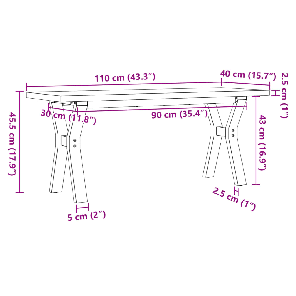 vidaXL Coffee Table Y-Frame 110x40x45.5 cm Solid Wood Pine and Steel
