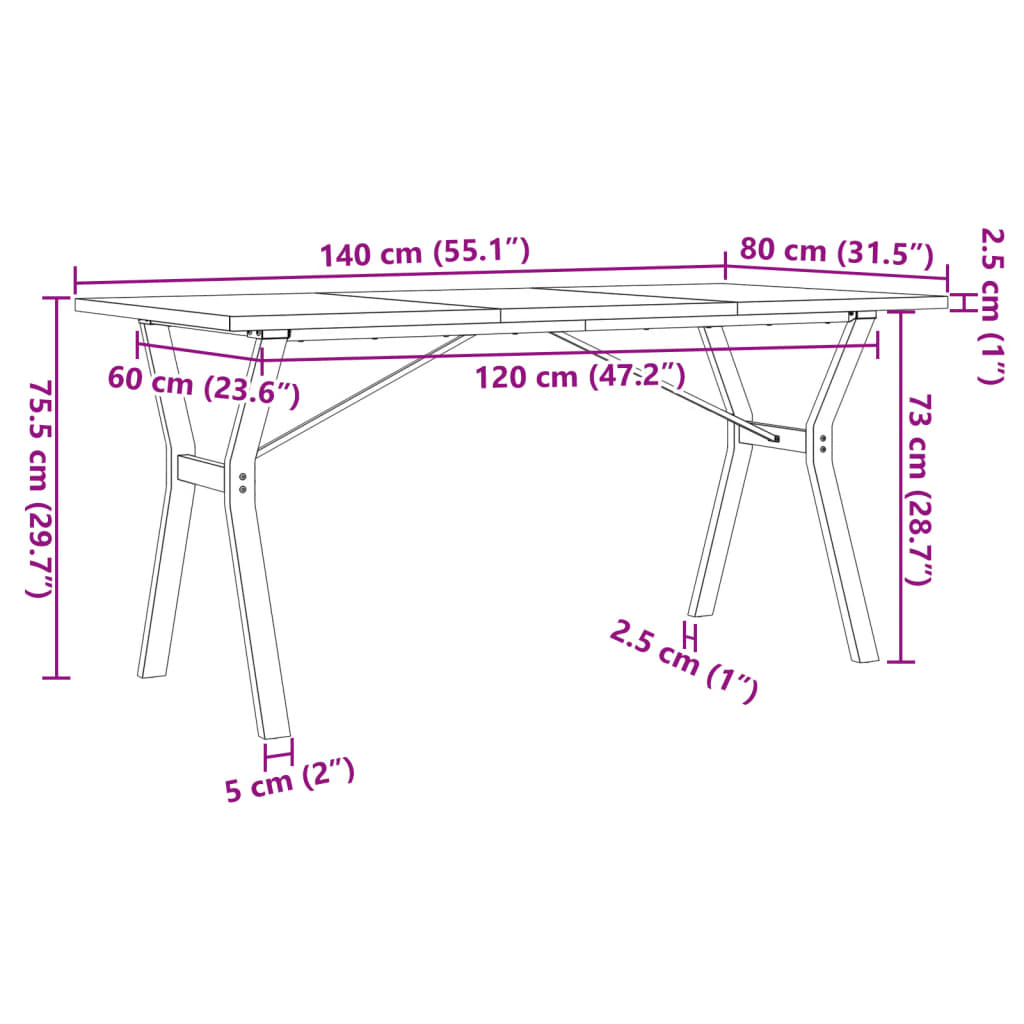 vidaXL Dining Table Y-Frame 140x80x75,5 cm Solid Wood Pine and Steel