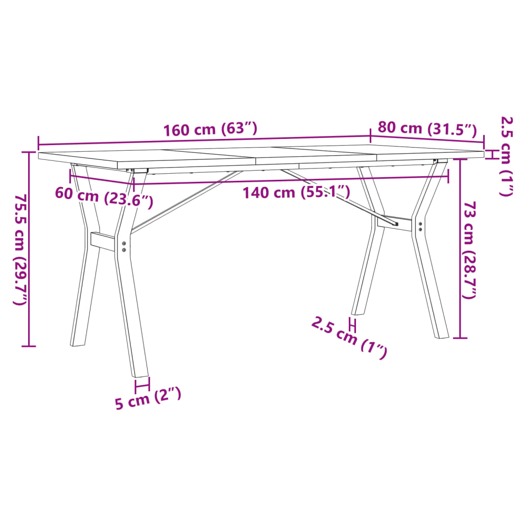 vidaXL Dining Table Y-Frame 160x80x75,5 cm Solid Wood Pine and Steel
