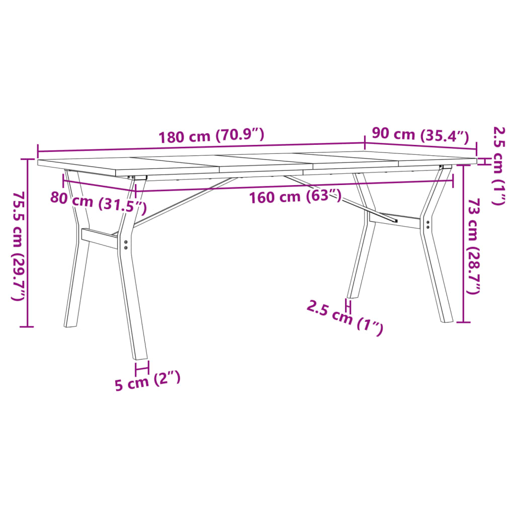 vidaXL Dining Table Y-Frame 180x90x75,5 cm Solid Wood Pine and Steel