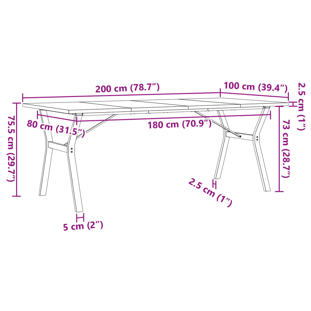 vidaXL Dining Table Y-Frame 200x100x75,5 cm Solid Wood Pine and Steel