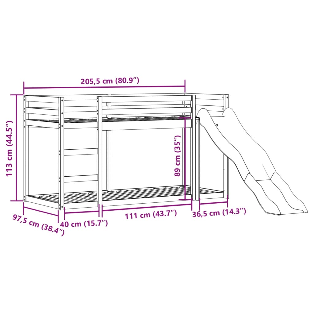 vidaXL Bunk Bed with Slide&Ladder without Mattress White 90x200 cm