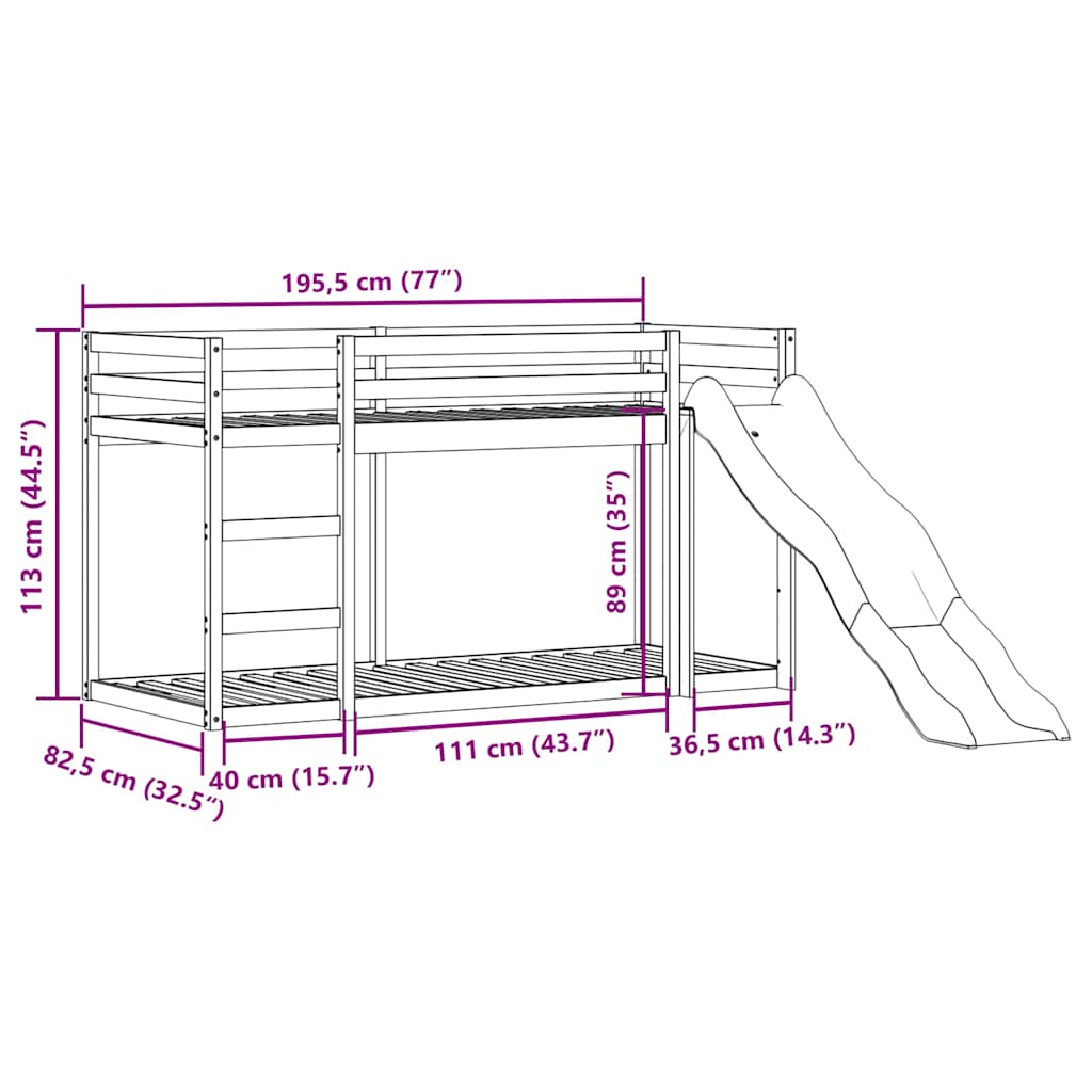 vidaXL Bunk Bed with Slide&Ladder without Mattress Wax Brown 75x190 cm Small Single