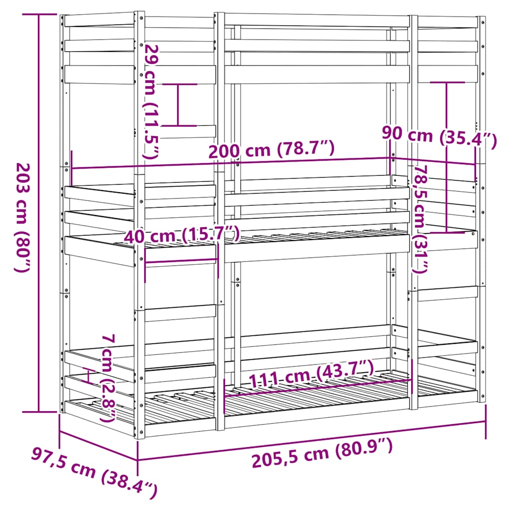 vidaXL Triple Bunk Bed without Mattress Wax Brown 90x200 cm Solid Wood Pine