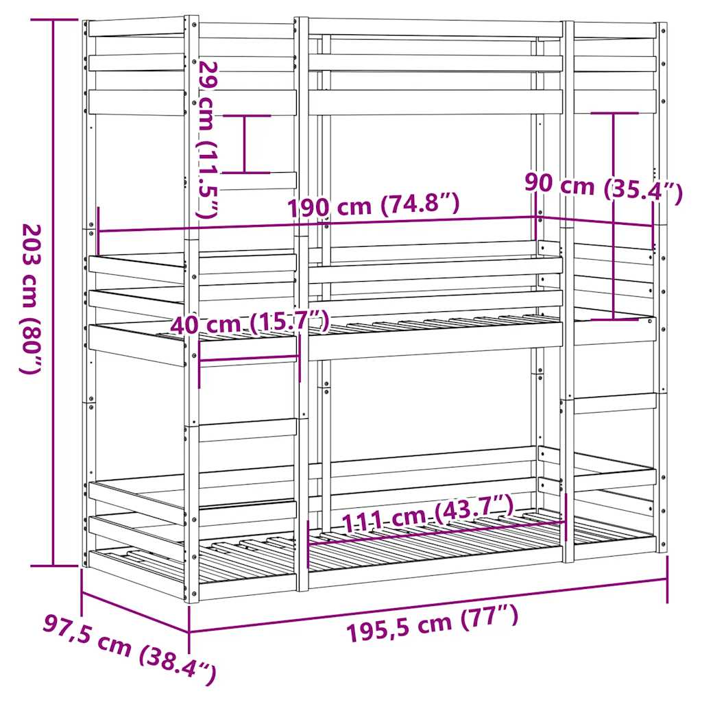 vidaXL Triple Bunk Bed without Mattress White 90x190 cm Single Solid Wood Pine