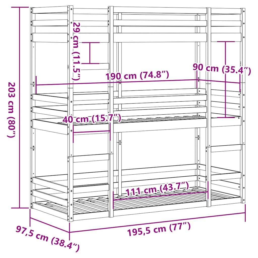 vidaXL Triple Bunk Bed without Mattress Wax Brown 90x190 cm Single Solid Wood Pine