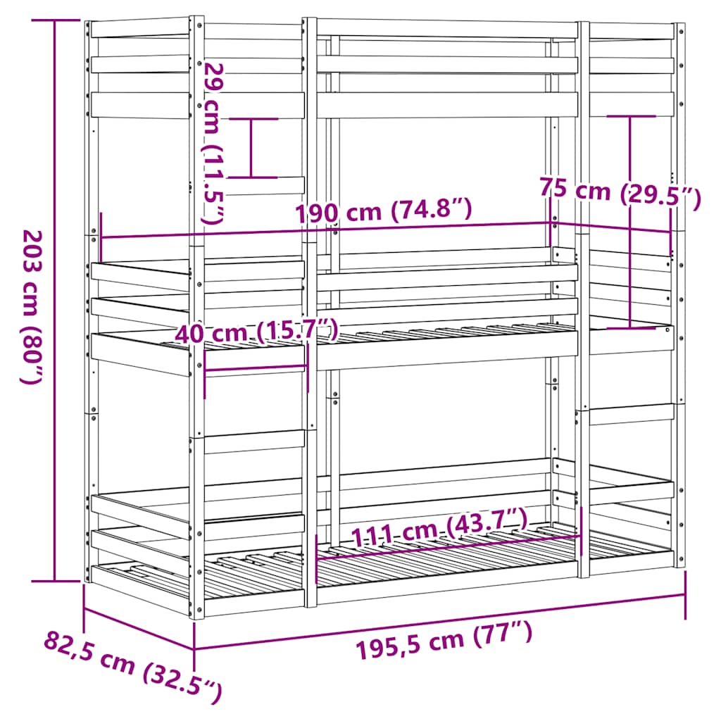 vidaXL Triple Bunk Bed without Mattress White 75x190 cm Small Single Solid Wood Pine