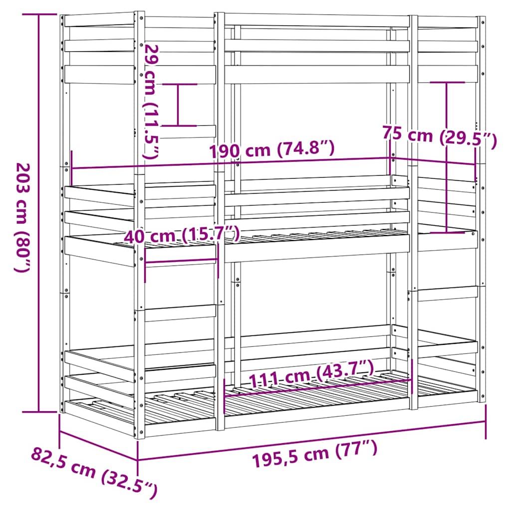 vidaXL Triple Bunk Bed without Mattress Wax Brown 75x190 cm Small Single Solid Wood Pine