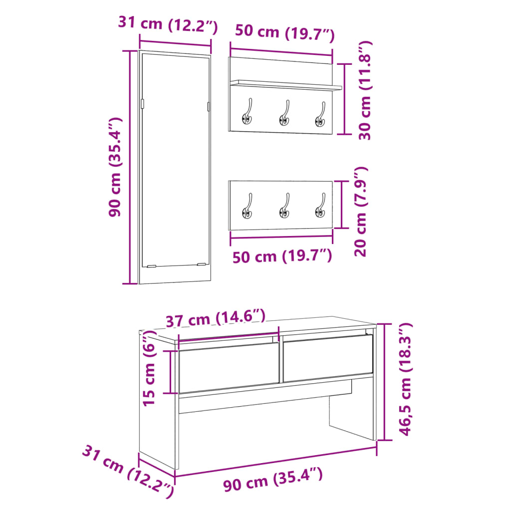 vidaXL 4 Piece Hallway Furniture Set White Engineered Wood