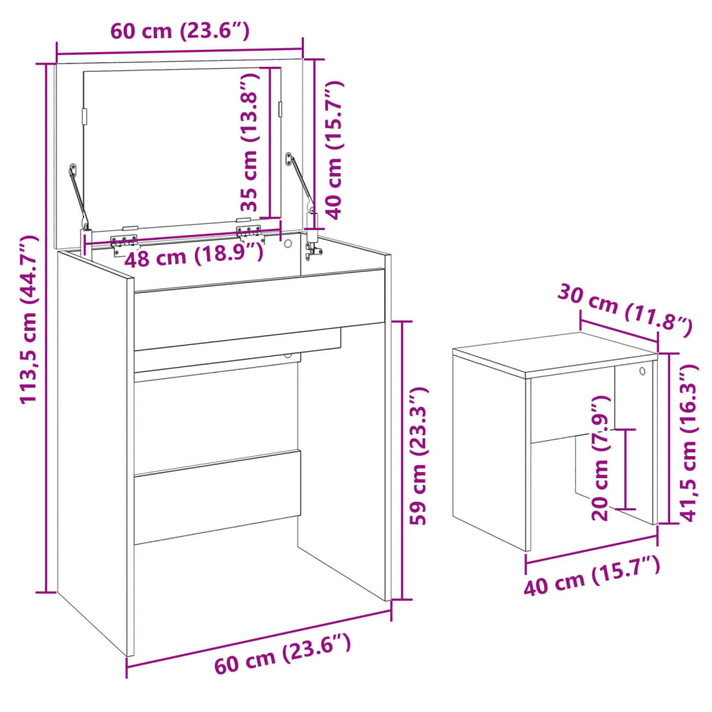 vidaXL Dressing Table and Stool White 60x40x113,5 cm