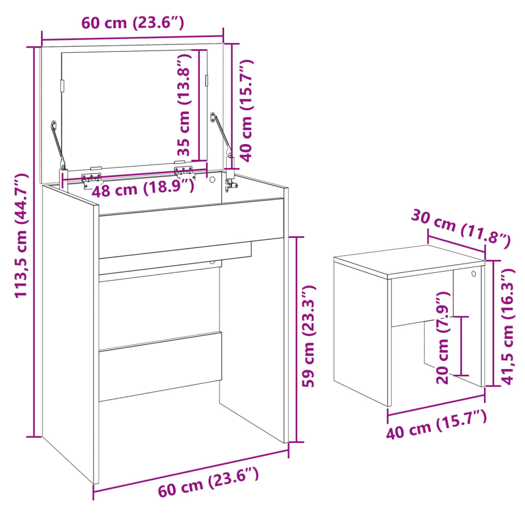 vidaXL Dressing Table and Stool Black 60x40x113,5 cm