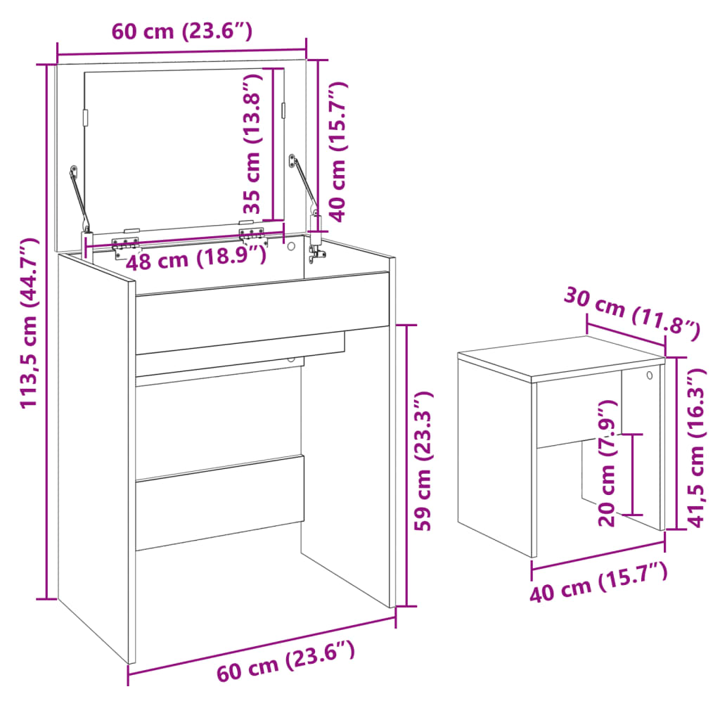 vidaXL Dressing Table and Stool Sonoma Oak 60x40x113,5 cm