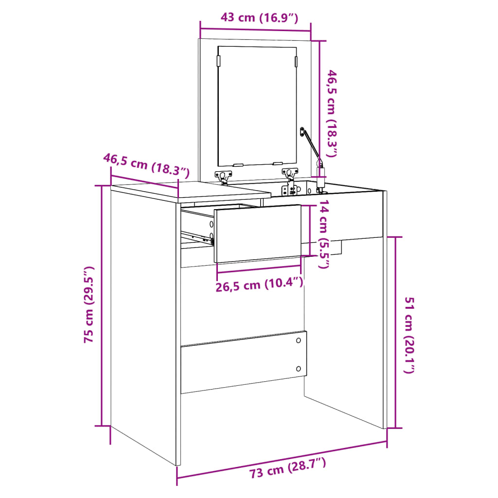 vidaXL Dressing Table with Mirror Concrete Grey 73x46,5x120 cm