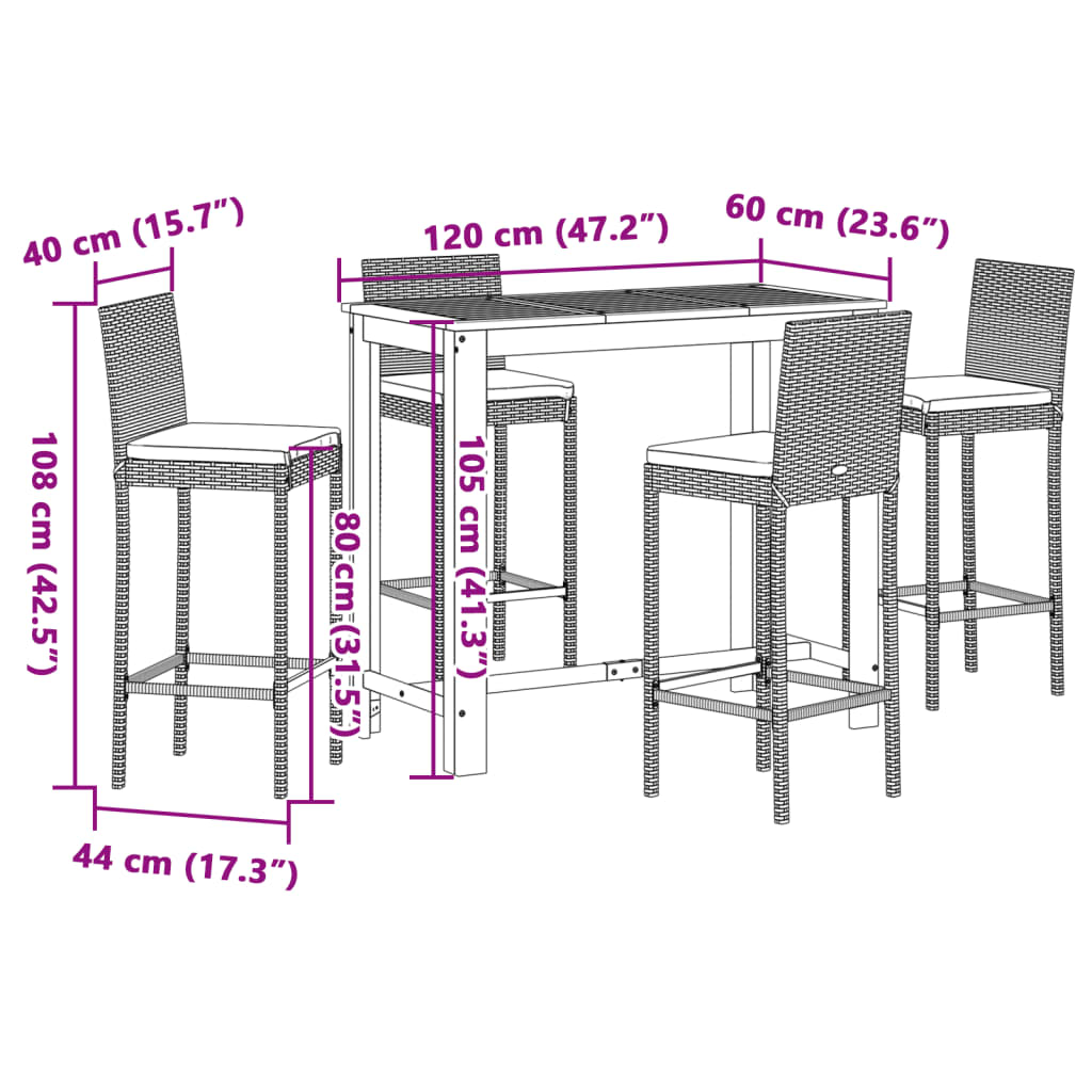 vidaXL 5 Piece Garden Bar Set Grey Solid Wood Acacia and Poly Rattan