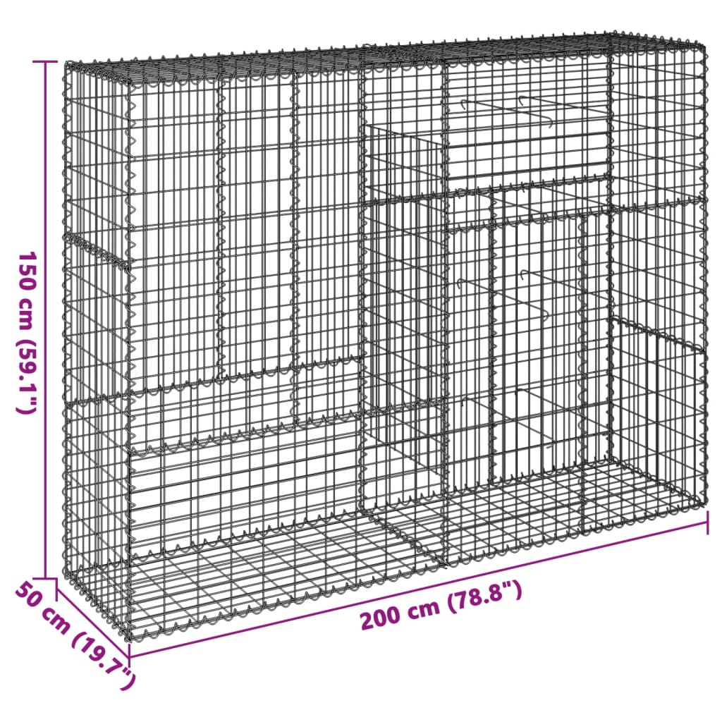 vidaXL Gabion Basket with Cover 200x50x150 cm Galvanised Iron