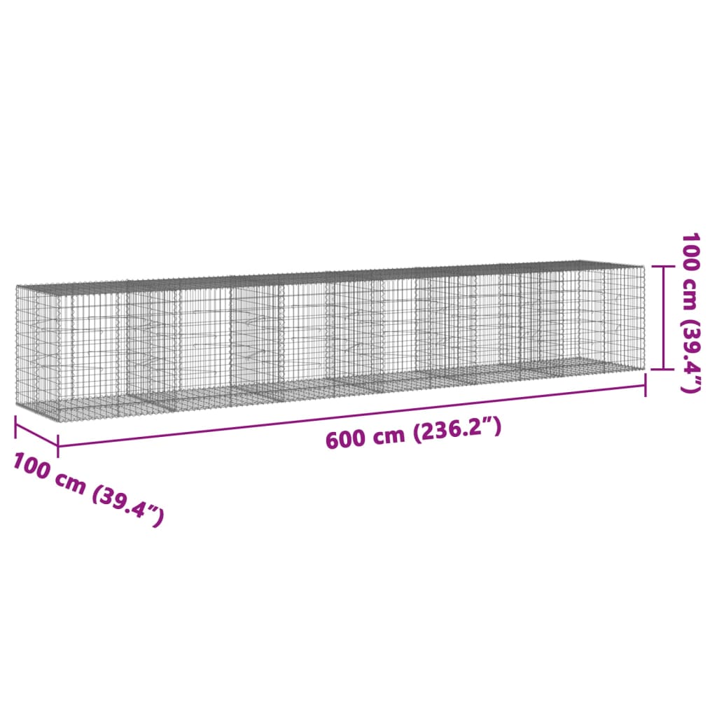 vidaXL Gabion Basket with Cover 600x100x100 cm Galvanised Iron