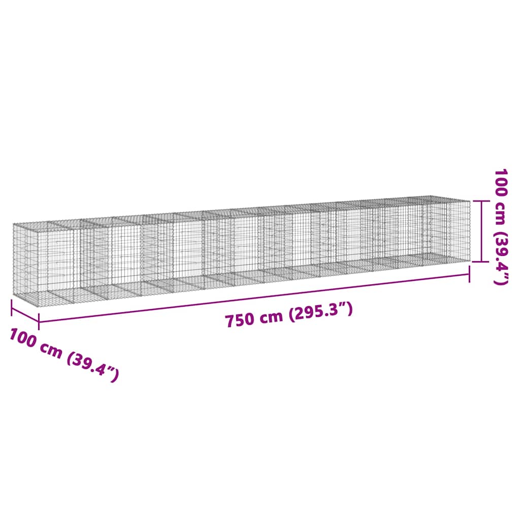 vidaXL Gabion Basket with Cover 750x100x100 cm Galvanised Iron