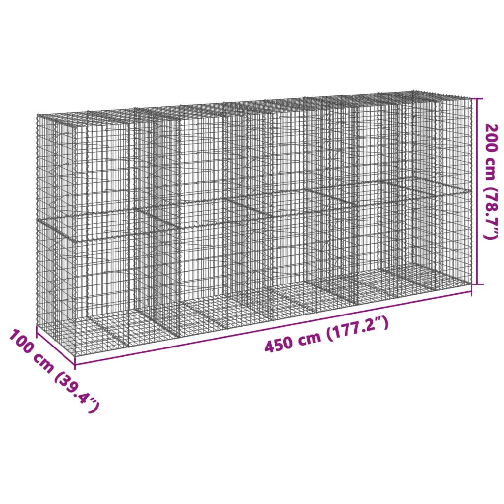 vidaXL Gabion Basket with Cover 450x100x200 cm Galvanised Iron
