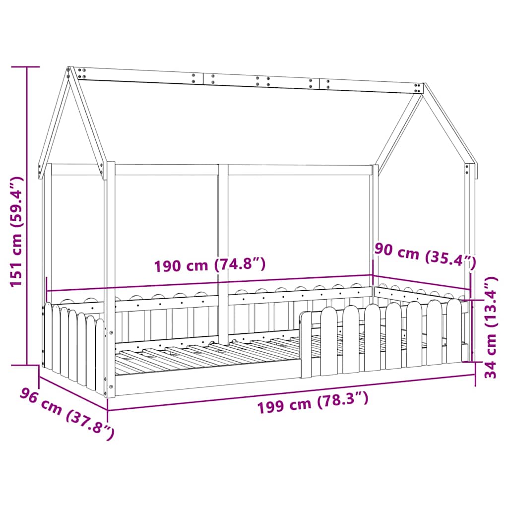 vidaXL Kids'House Bed Frame without Mattress 90x190cm Solid Wood Pine