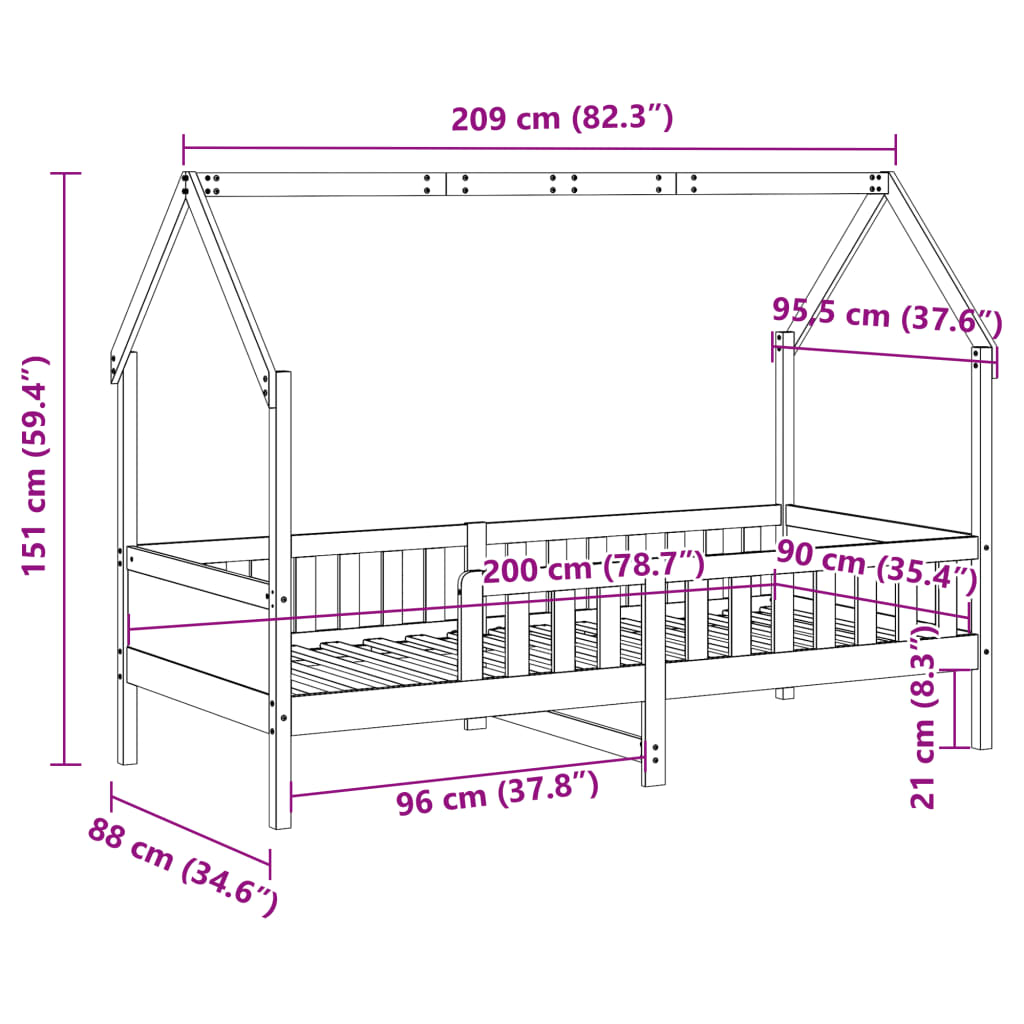 vidaXL Kids' House Bed Frame without Mattress Wax Brown 90x200 cm Pine