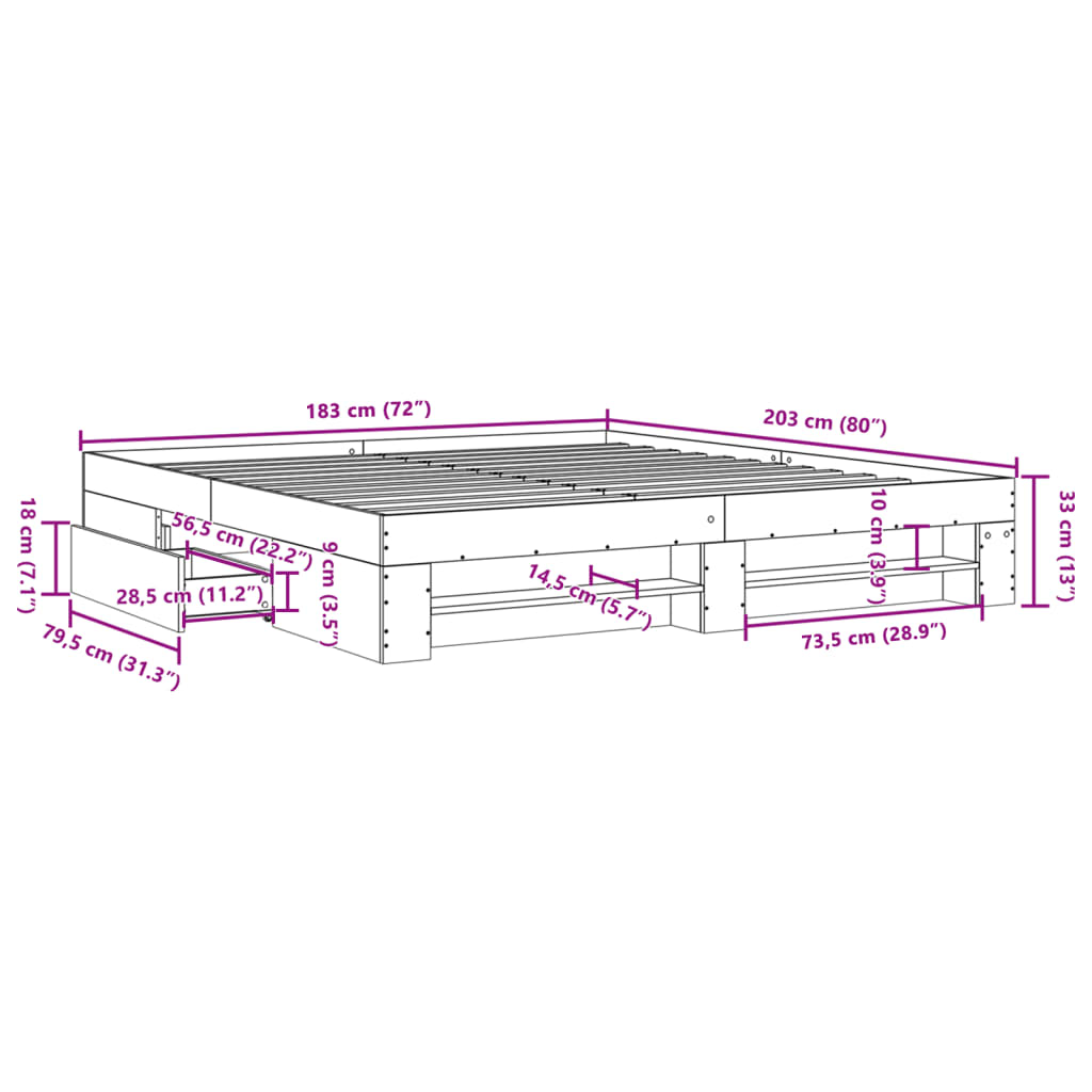 vidaXL Bed Frame without Mattress Grey Sonoma 180x200 cm Super King Engineered Wood