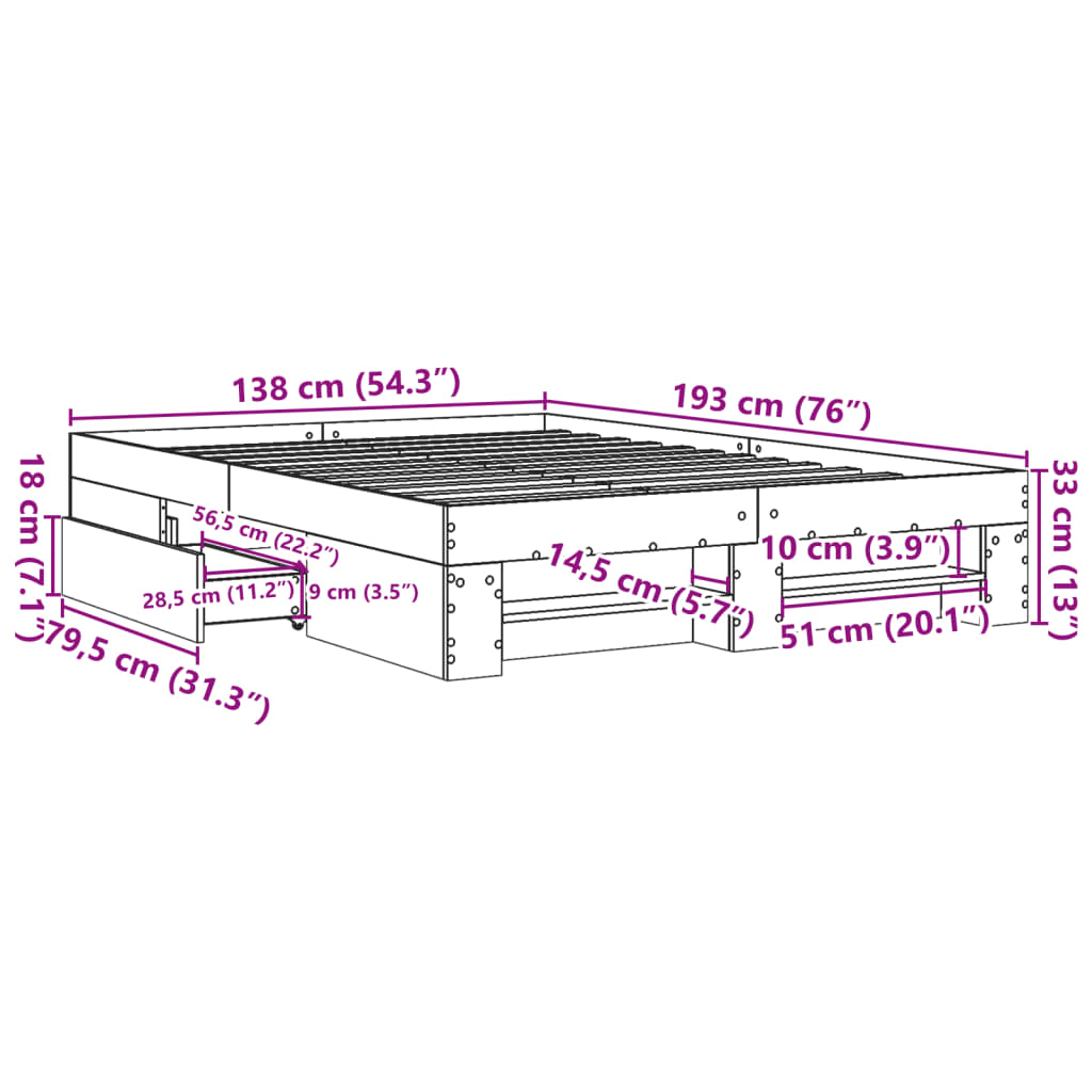 vidaXL Bed Frame without Mattress Concrete Grey 135x190cm Engineered Wood