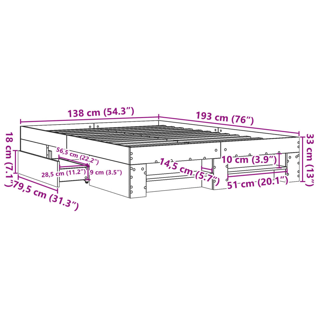 vidaXL Bed Frame without Mattress Grey Sonoma 135x190 cm Engineered Wood