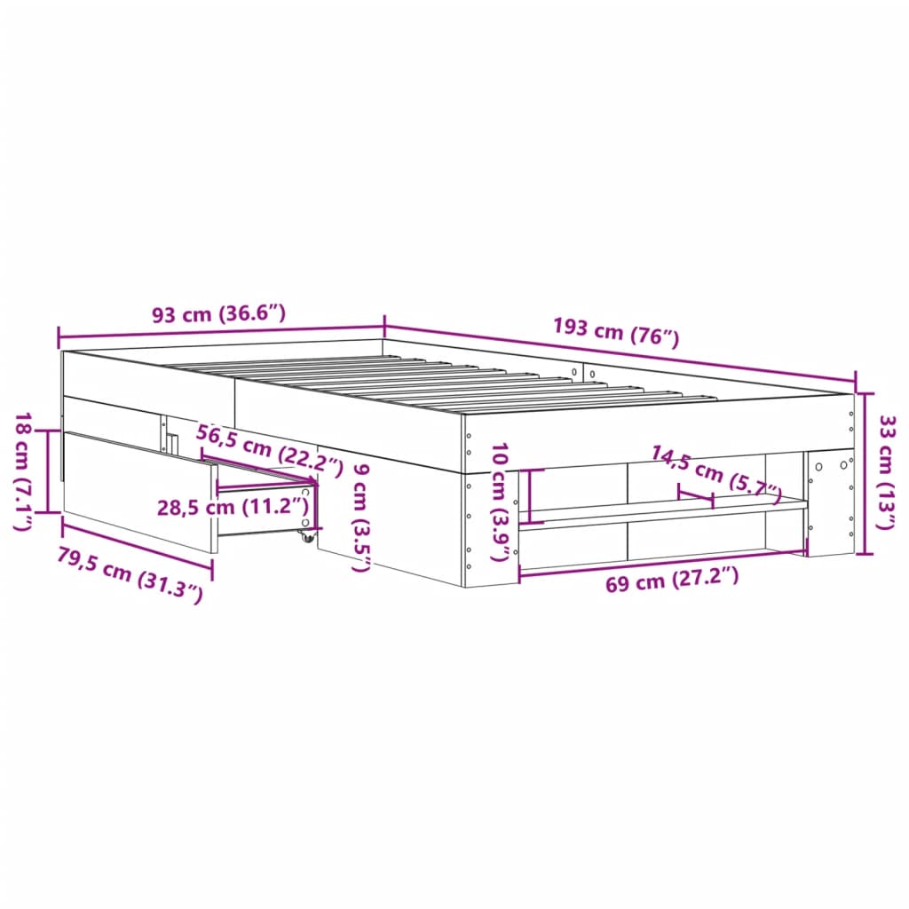 vidaXL Bed Frame without Mattress Grey Sonoma 90x190 cm Single Engineered Wood