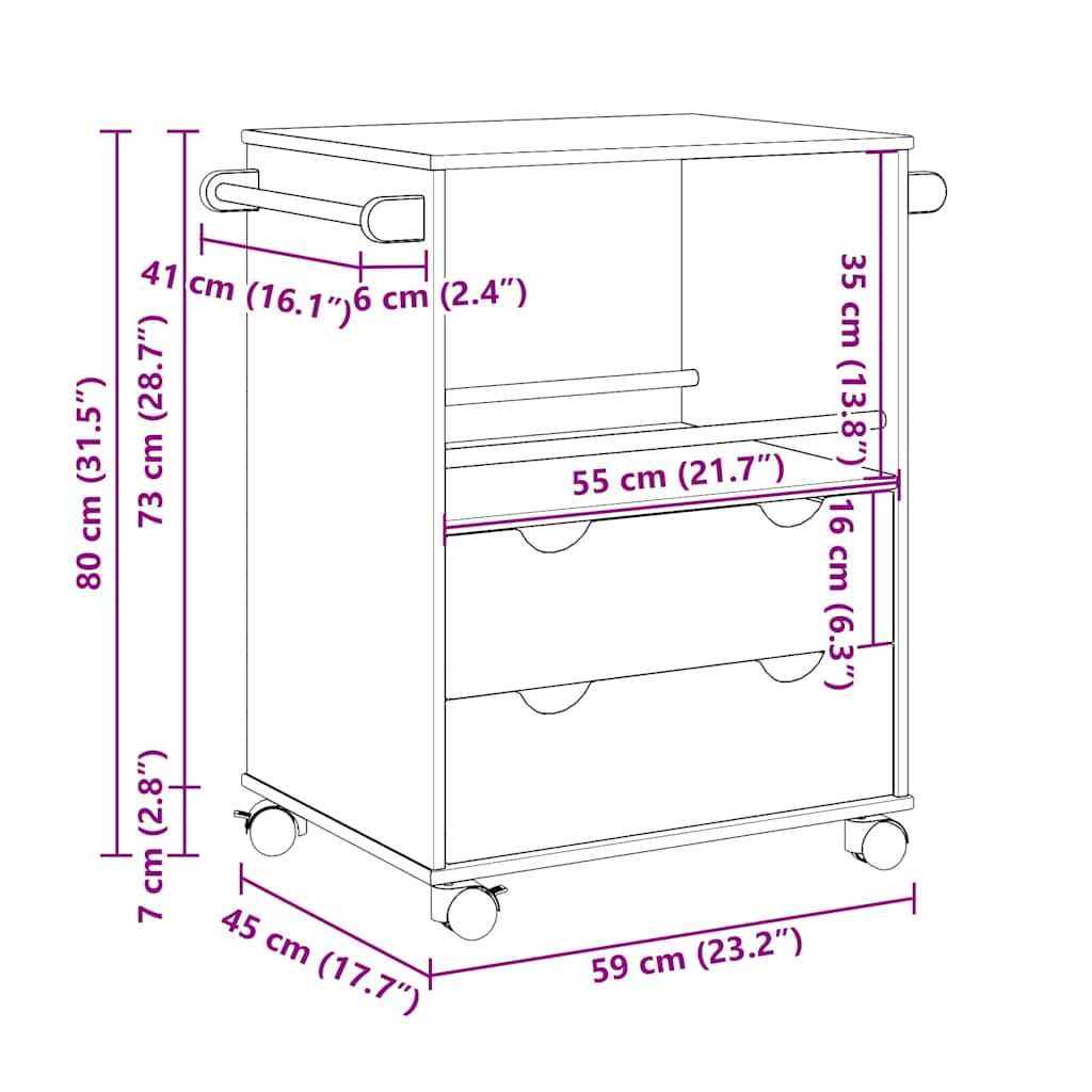 vidaXL Kitchen Trolley "OTTA" 59x45x80 cm Solid Wood Pine