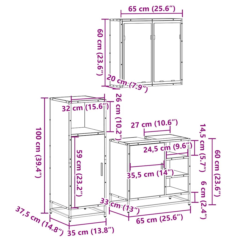 vidaXL 3 Piece Bathroom Furniture Set Smoked Oak Engineered Wood