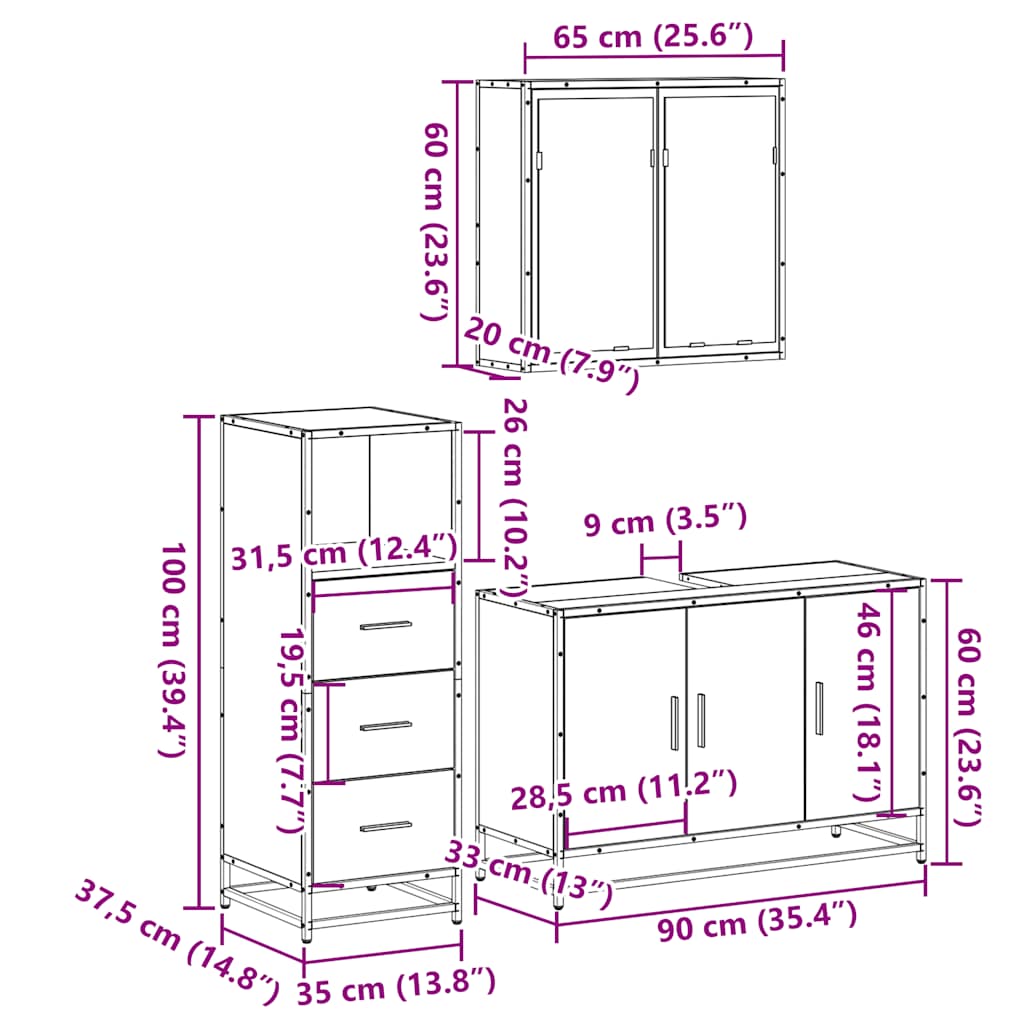 vidaXL 3 Piece Bathroom Furniture Set Sonoma Oak Engineered Wood
