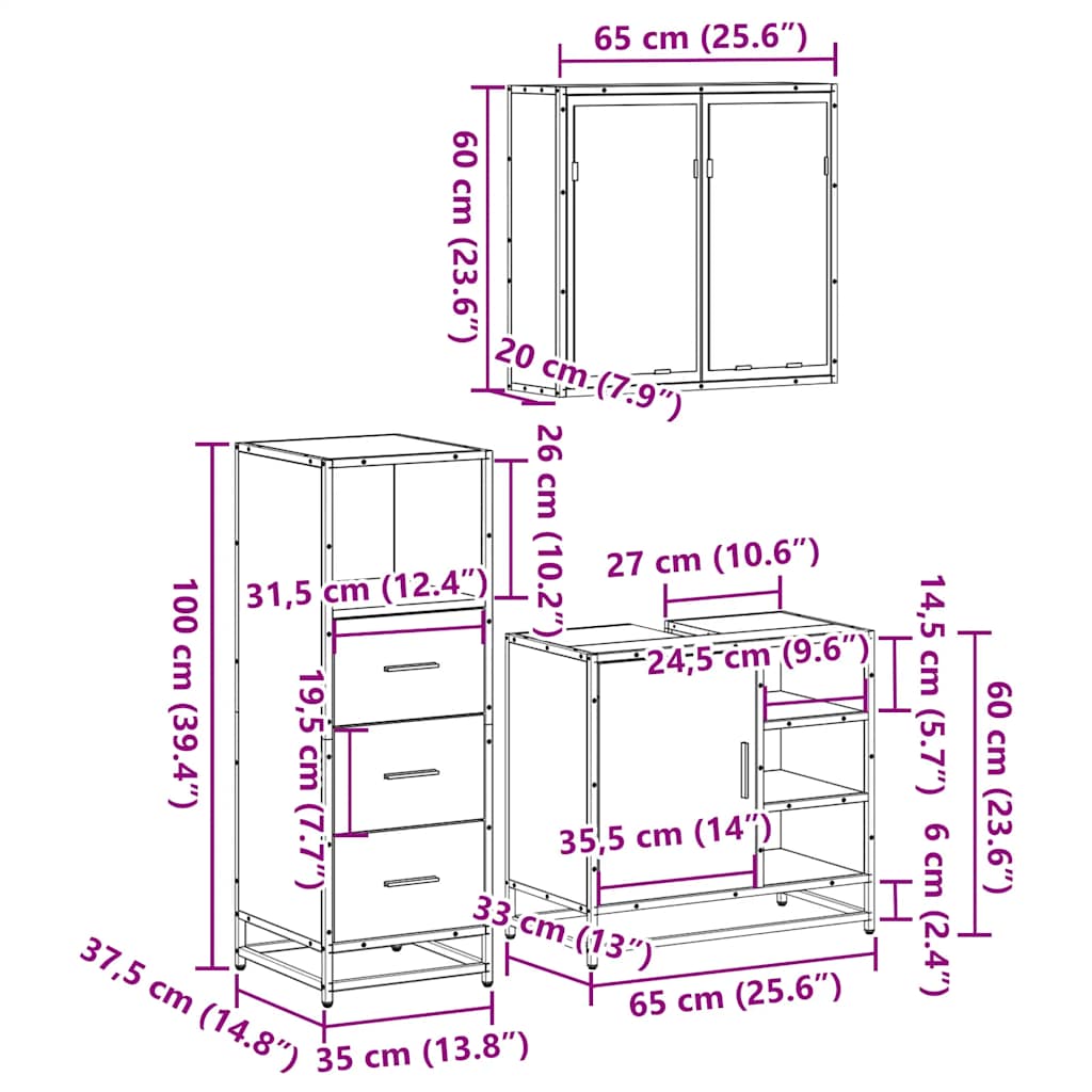 vidaXL 3 Piece Bathroom Furniture Set Smoked Oak Engineered Wood