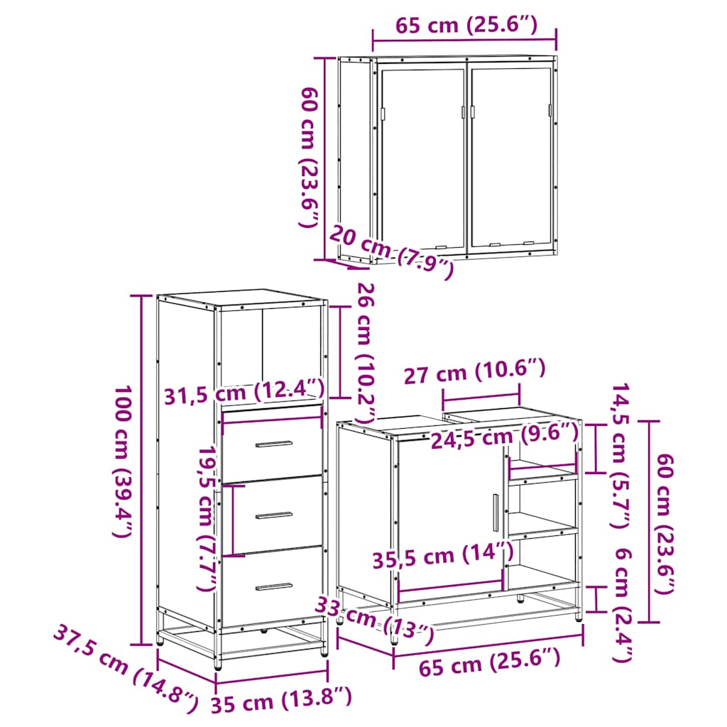 vidaXL 3 Piece Bathroom Furniture Set Grey Sonoma Engineered Wood