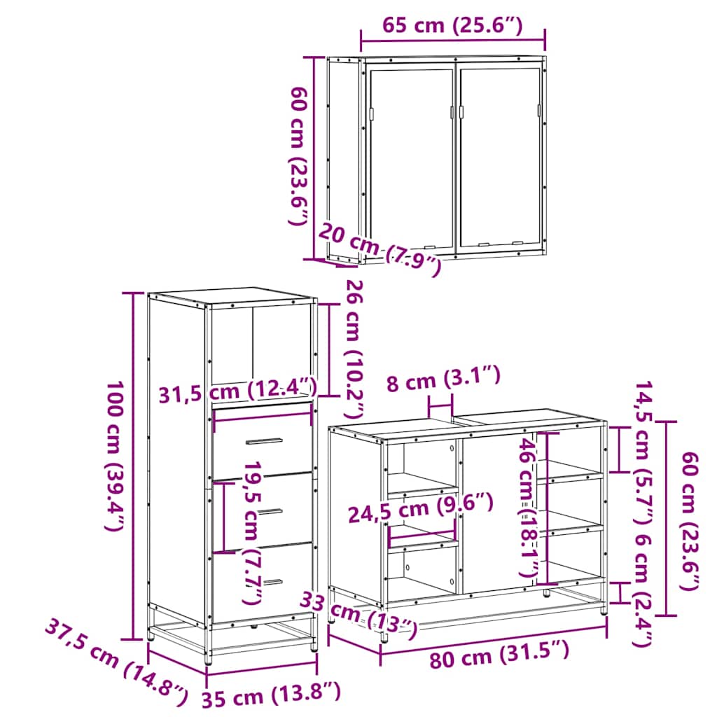 vidaXL 3 Piece Bathroom Furniture Set Sonoma Oak Engineered Wood