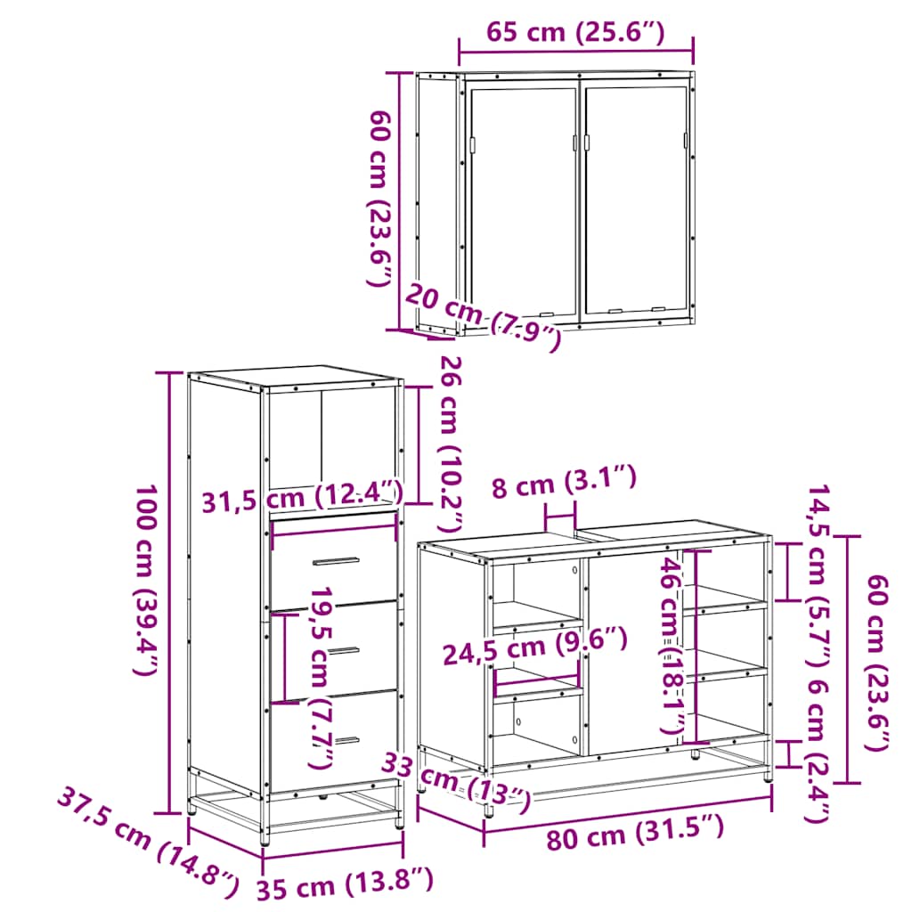vidaXL 3 Piece Bathroom Furniture Set Grey Sonoma Engineered Wood