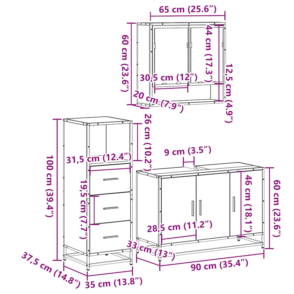 vidaXL 3 Piece Bathroom Furniture Set Grey Sonoma Engineered Wood