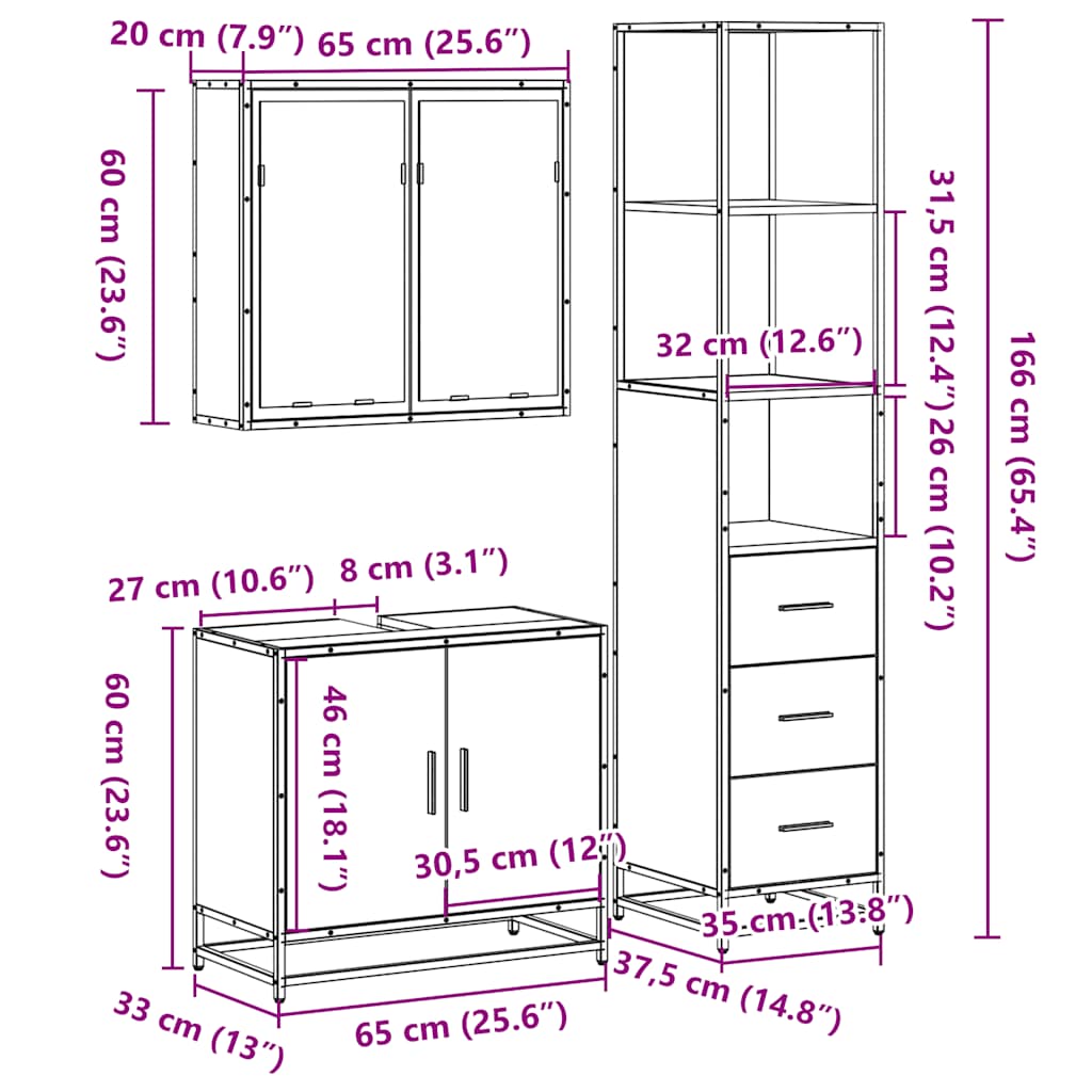 vidaXL 3 Piece Bathroom Furniture Set Smoked Oak Engineered Wood