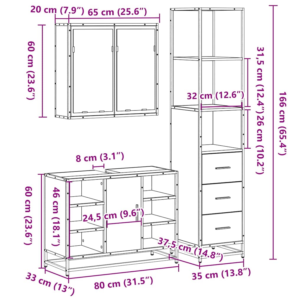 vidaXL 3 Piece Bathroom Furniture Set Smoked Oak Engineered Wood
