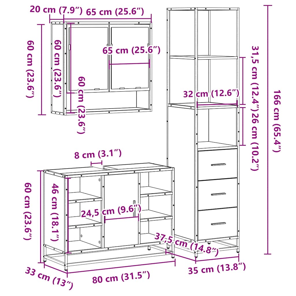 vidaXL 3 Piece Bathroom Furniture Set Sonoma Oak Engineered Wood