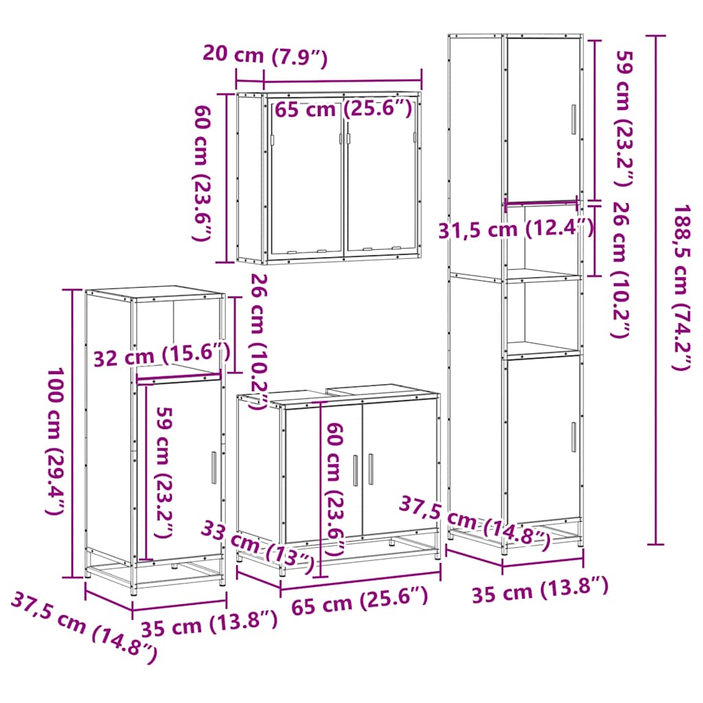 vidaXL 4 Piece Bathroom Furniture Set Smoked Oak Engineered Wood